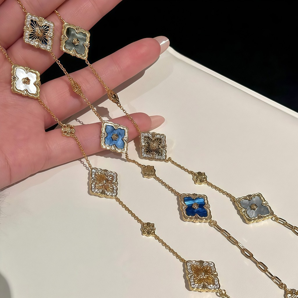 Gelang semanggi empat daun berlian dua sisi tekstur berkualitas tinggi cahaya mewah retro (Gratis kotak hadiah)