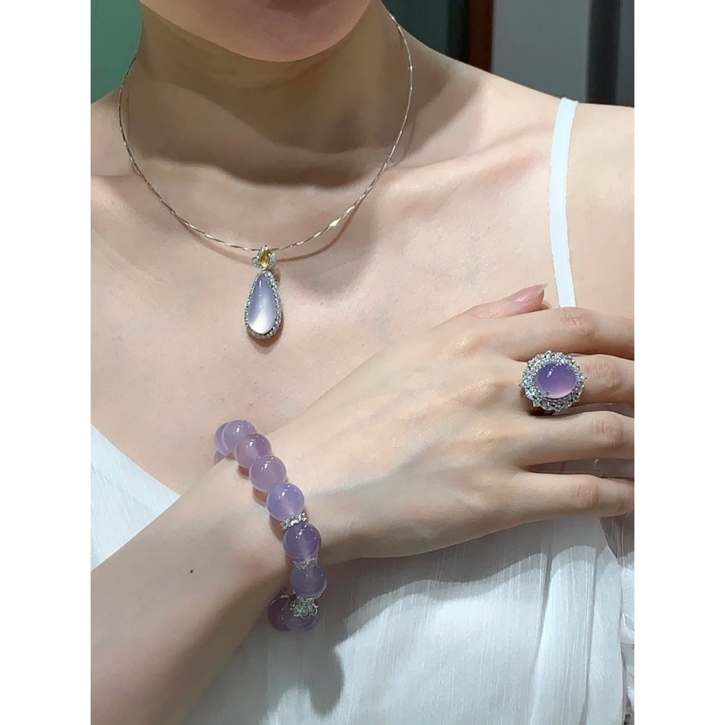 戒指 - 紫色凸圆形项链，天然玉髓宝石戒指，女士玉戒指，礼物