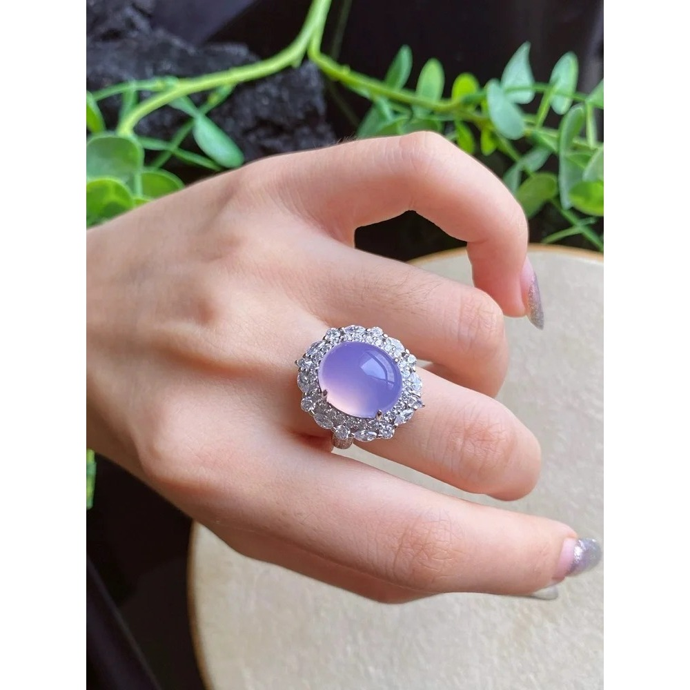 Cincin - Kalung Cabochon Ungu, Cincin Batu Permata Kalsedon Alami, Cincin Giok Wanita, Hadiah