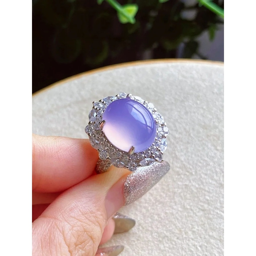 Cincin - Kalung Cabochon Ungu, Cincin Batu Permata Kalsedon Alami, Cincin Giok Wanita, Hadiah