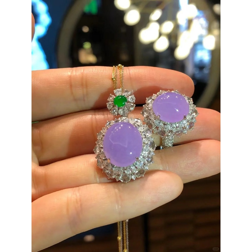 Cincin - Kalung Cabochon Ungu, Cincin Batu Permata Kalsedon Alami, Cincin Giok Wanita, Hadiah