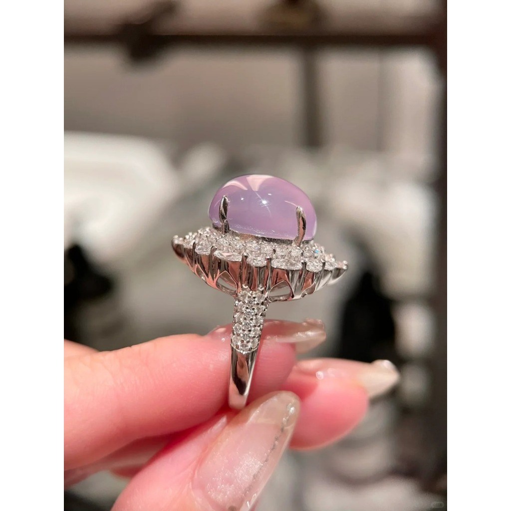 Cincin - Kalung Cabochon Ungu, Cincin Batu Permata Kalsedon Alami, Cincin Giok Wanita, Hadiah
